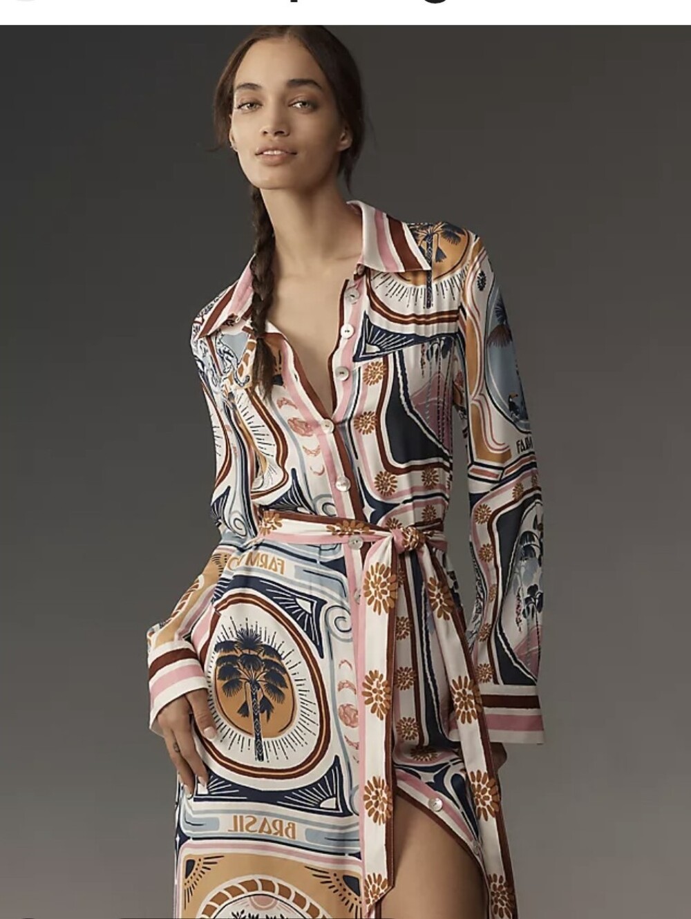 Farm Rio Silky Shirt Wrap Dress in Pink, Navy & Mustard